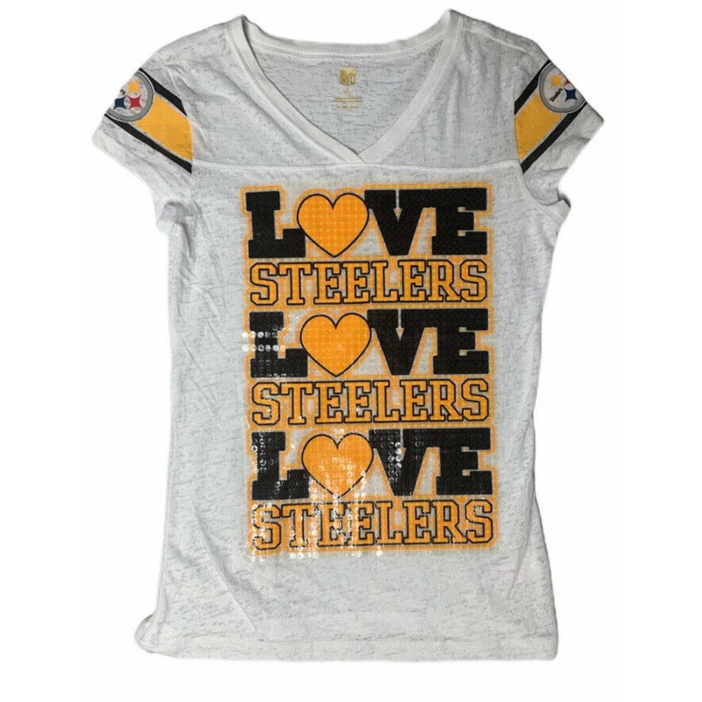 Youth Girls NFL Pittsburgh LOVE STEELERS White Short Sleeve Burnout Shirt 12/14